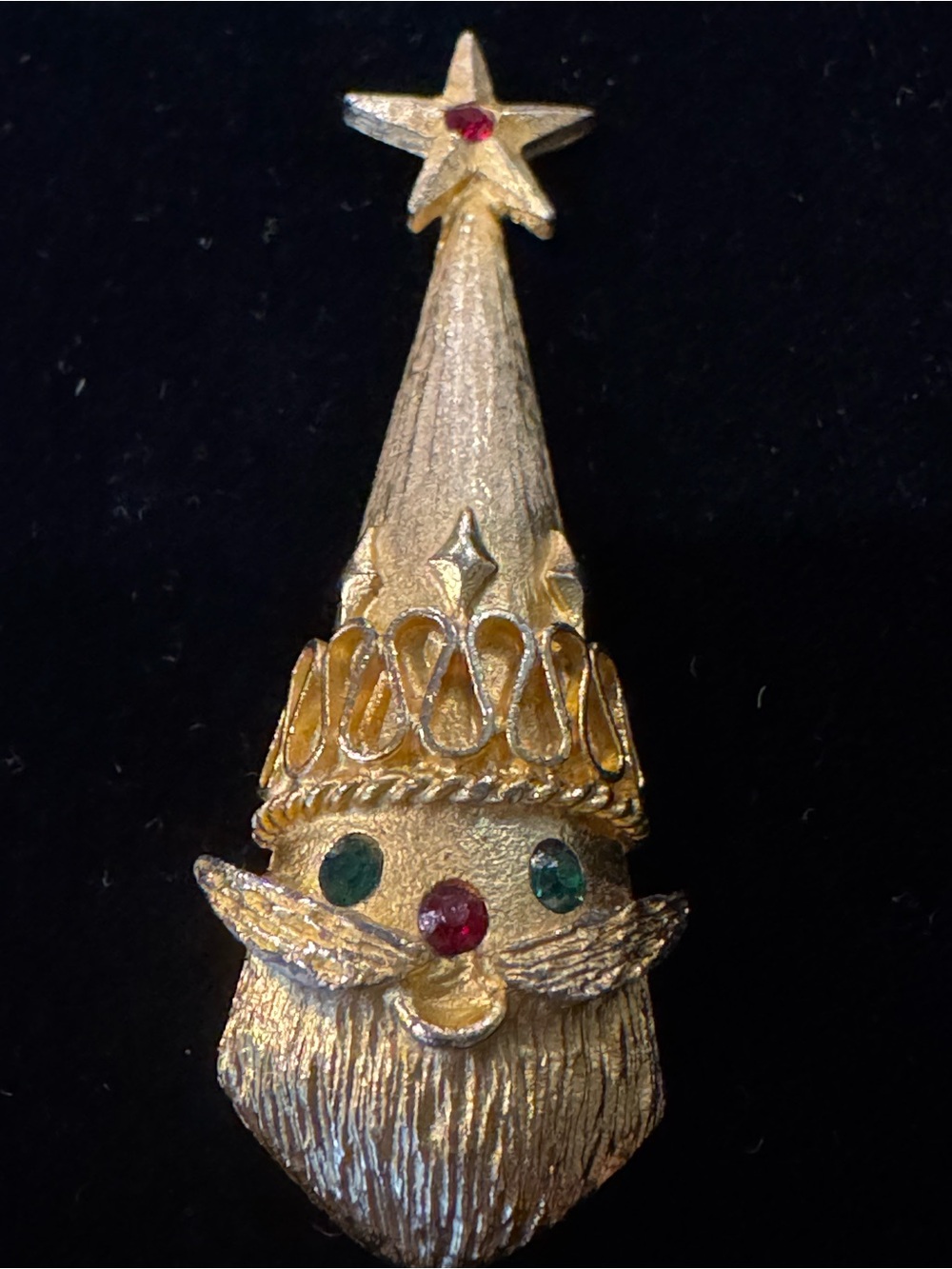Vintage Iconic MYLU Gold-Tone Santa Pin with Red and Green Rhinestones. Signed.